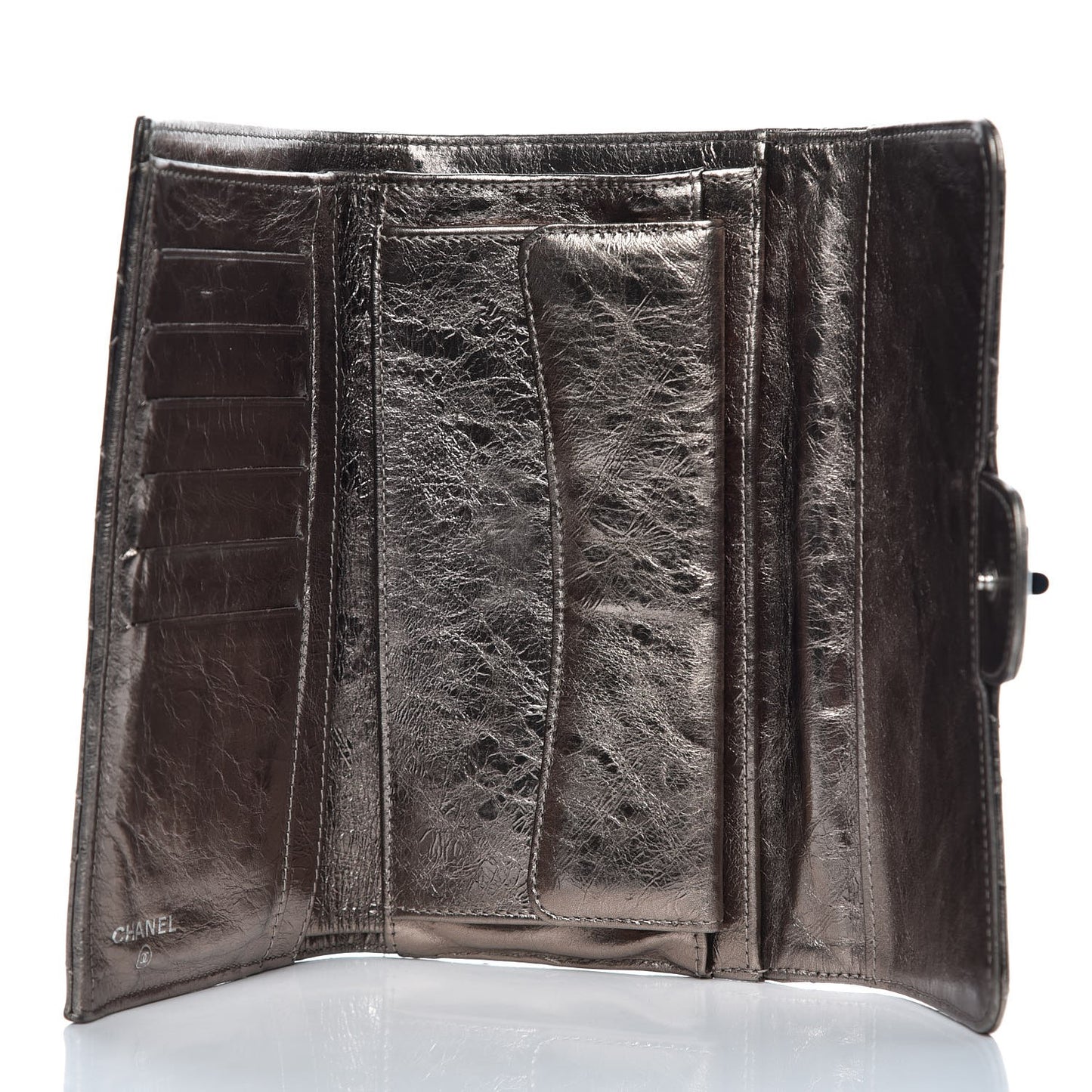 Metallic Aged Calfskin Quilted Reissue Long Flap Wallet Silver