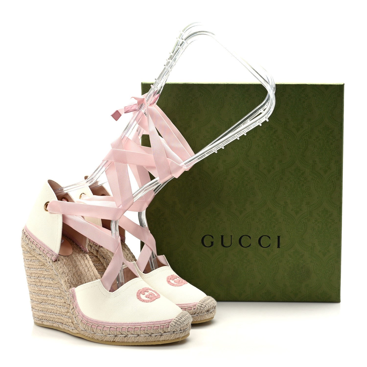 Gucci Canvas Grossgrain Embroidered Judit Ankle Wrap Platform 35/120mm Espadrille Wedges 40 White Shell 8 of 8