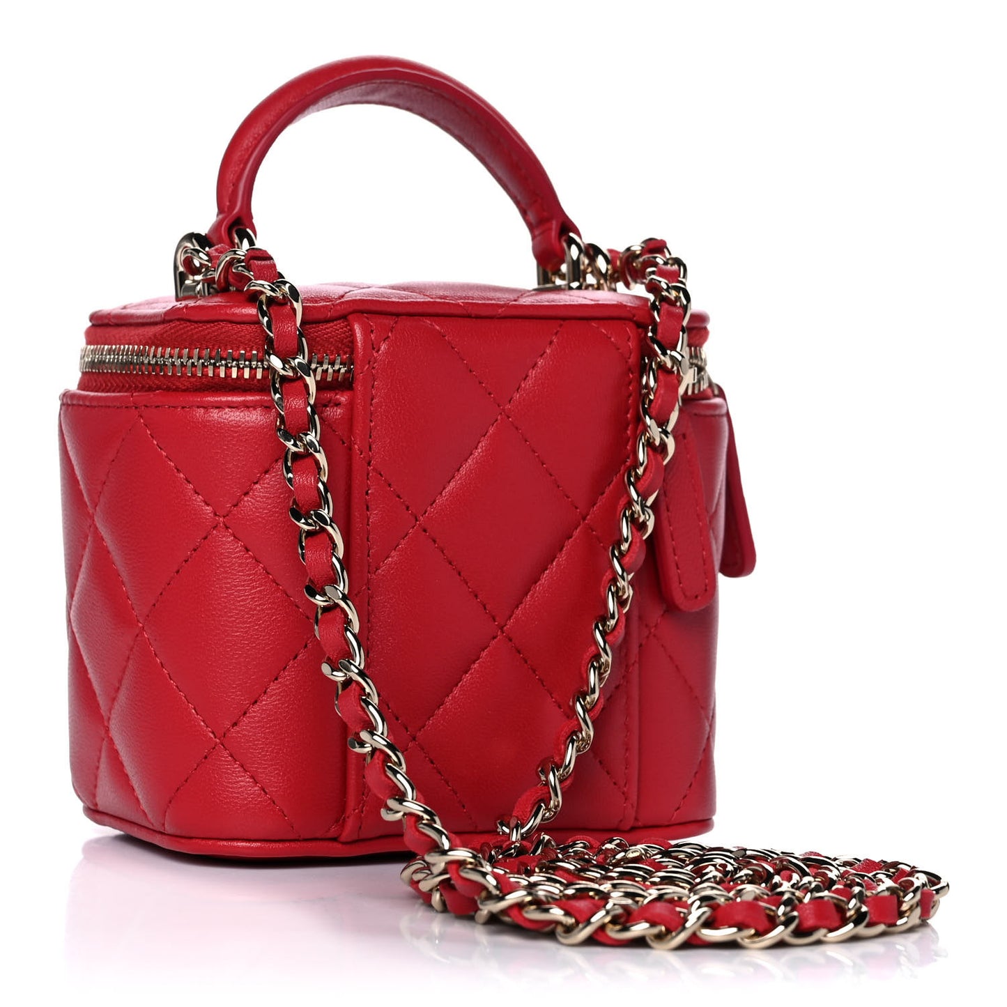 Lambskin Quilted Top Handle Mini Vanity Case With Chain Red