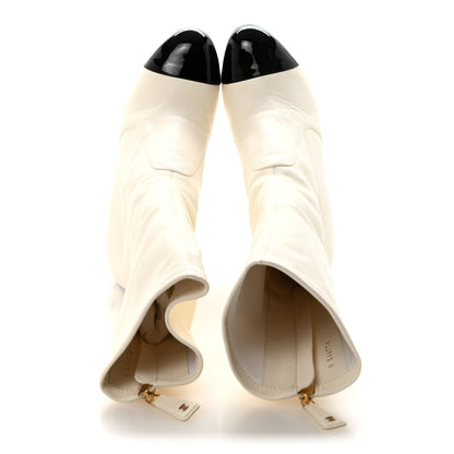 Chanel Stretch Lambskin Patent Cap Toe Pearl Ball Mid Calf Boots 40 White Black 2 of 10