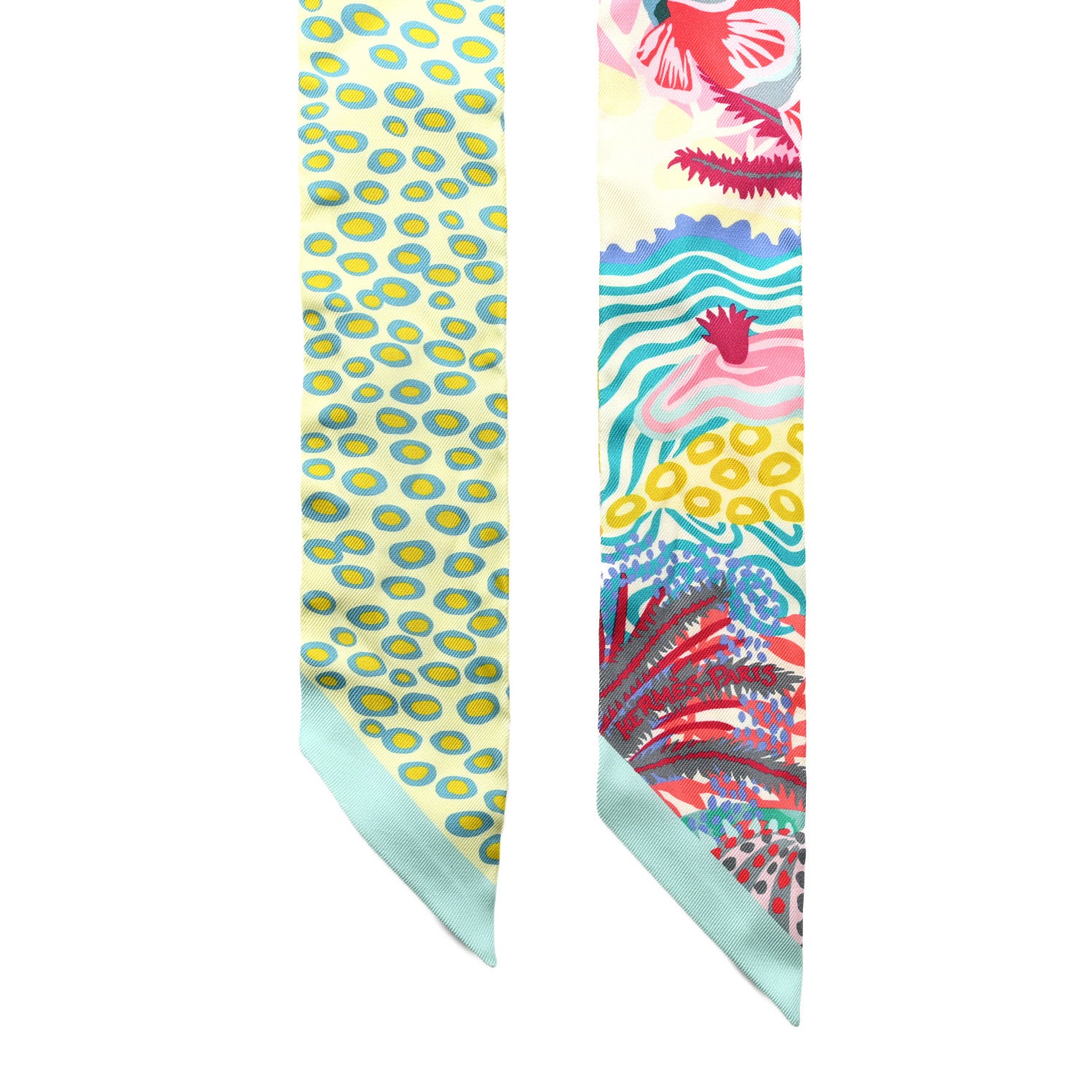 Hermes Silk Under The Waves Twilly Vert D Eau Jaune Soufre Rose 2 of 4
