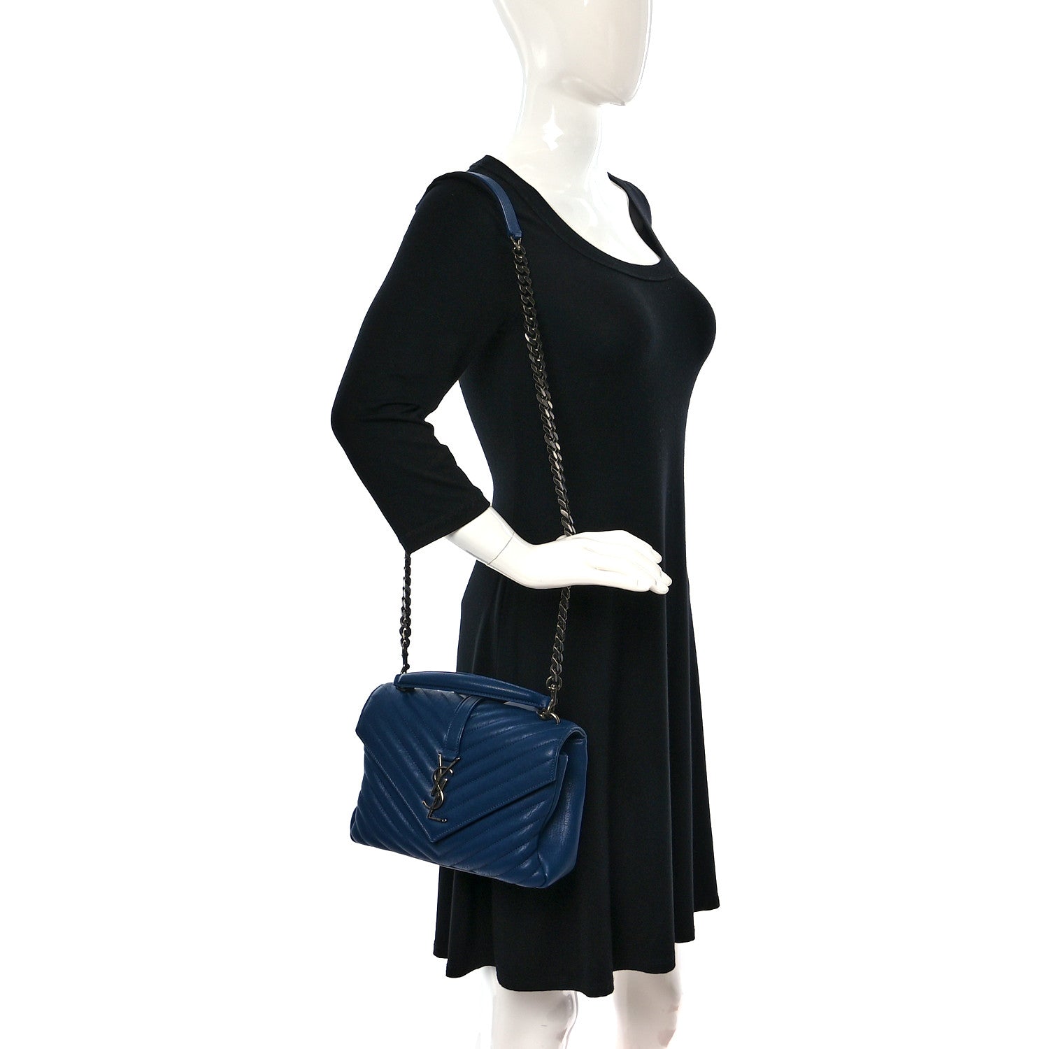 Saint Laurent Sheepskin Matelasse Chevron Monogram College Bag Navy 2 of 8