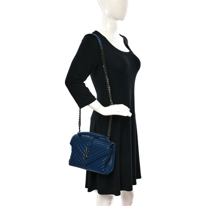 Saint Laurent Sheepskin Matelasse Chevron Monogram College Bag Navy 2 of 8