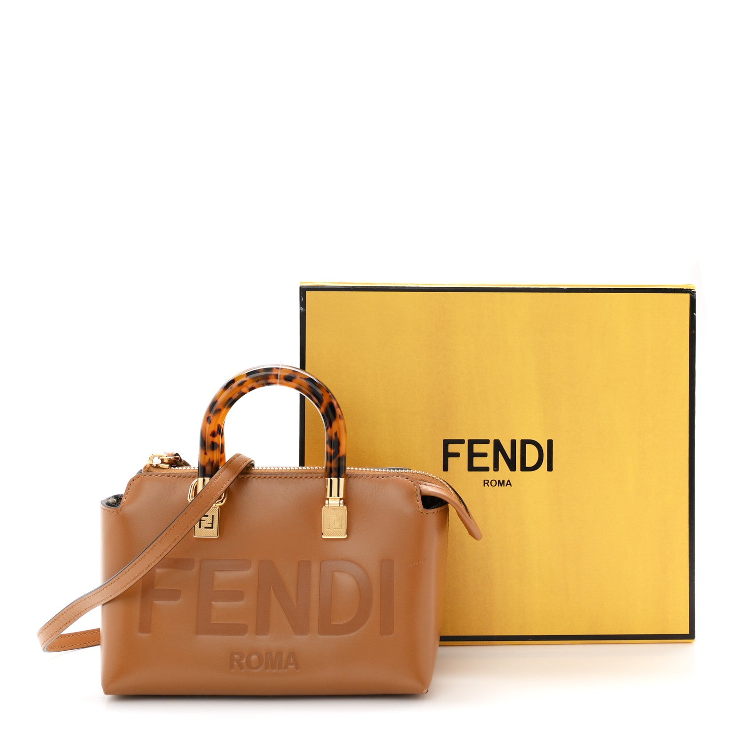 Fendi Vitello King Plexiglass Logo Embossed Mini By The Way Top Handle Boston Bag Caramello 11 of 11