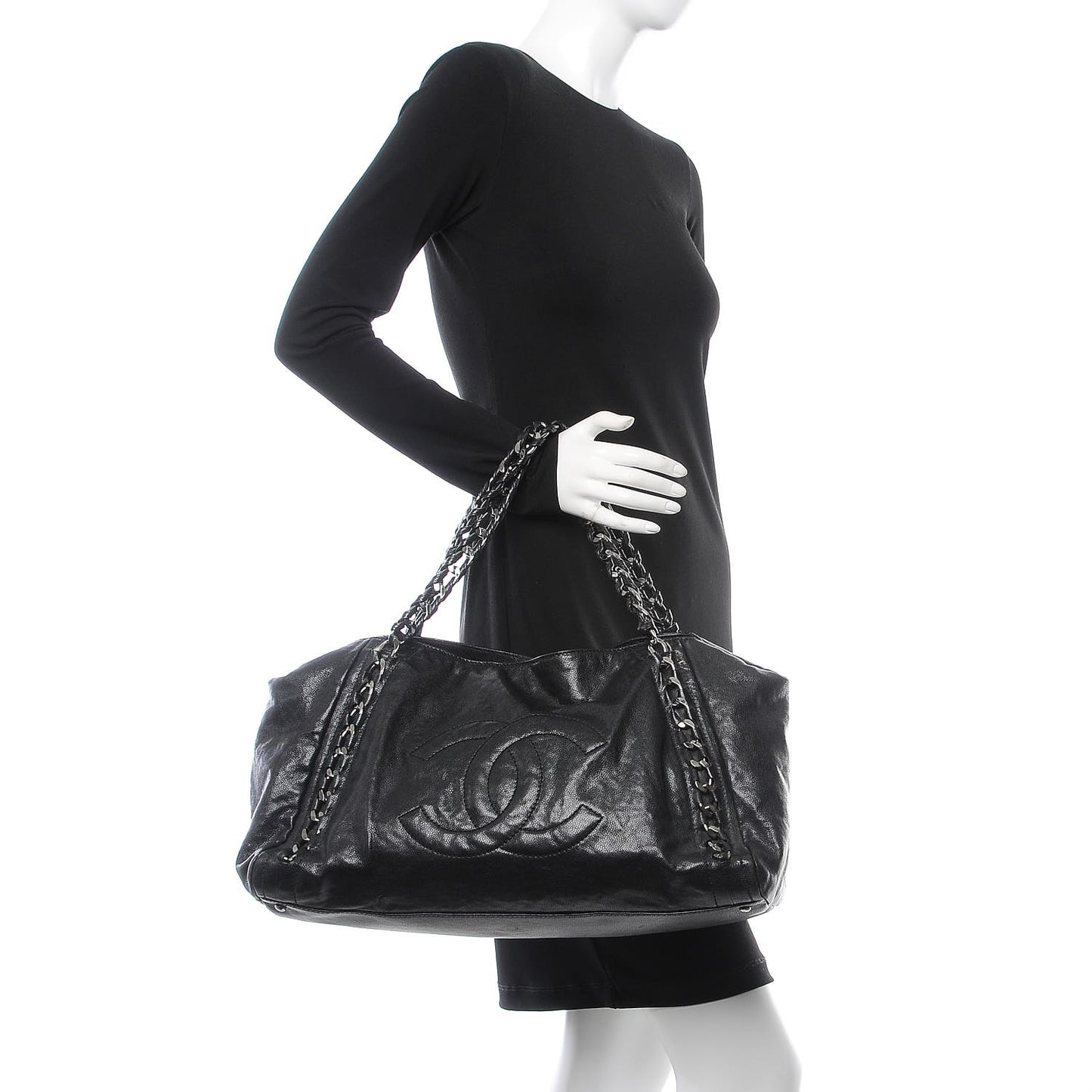 Glazed Caviar East West Modern Chain Tote Black