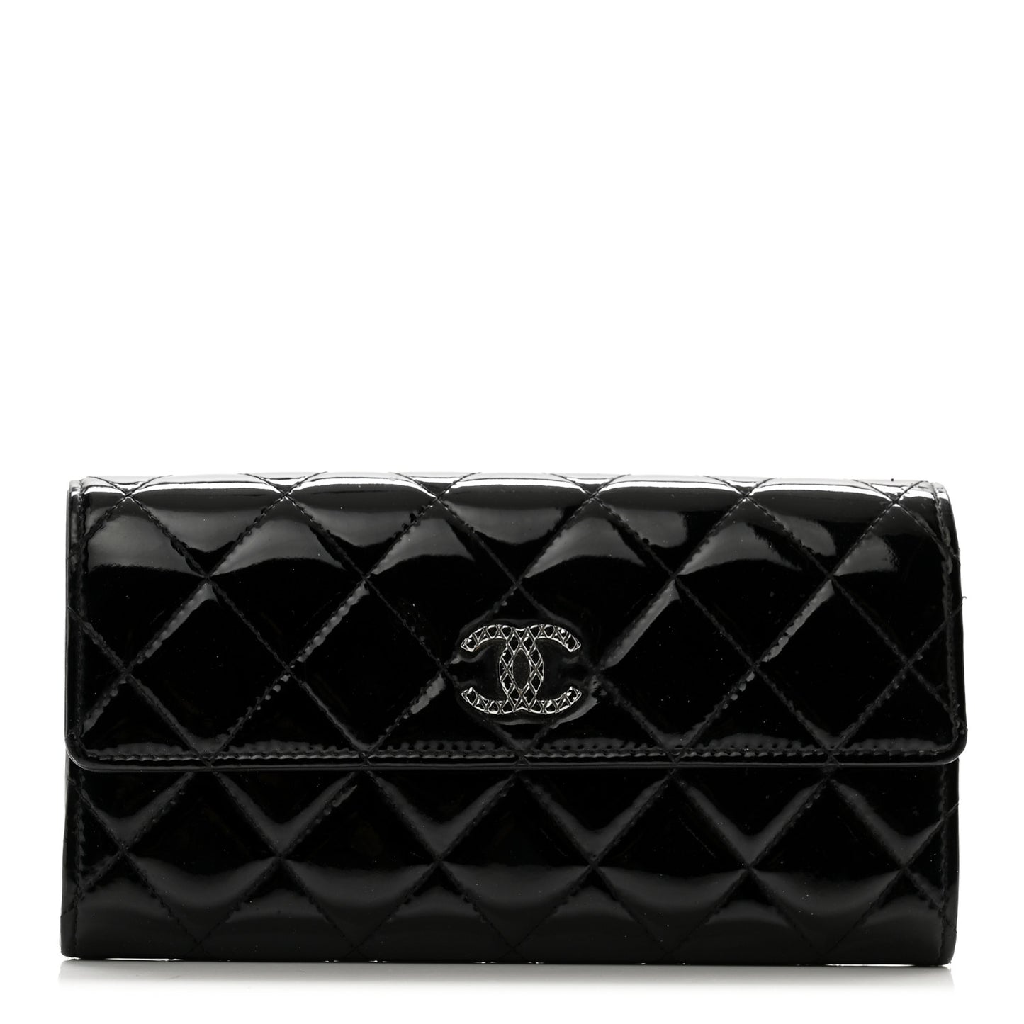 Patent Quilted Large Brilliant Flap Wallet Black