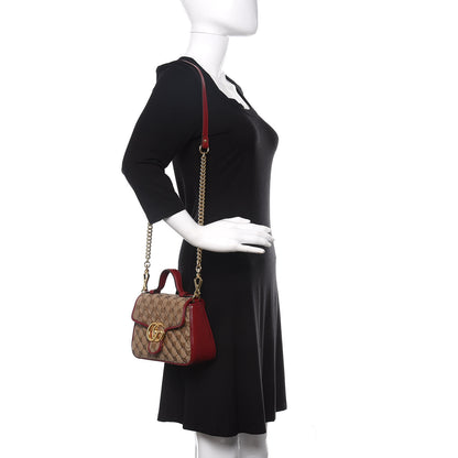Gucci Monogram Glazed Calfskin Matelasse Diagonal Mini GG Marmont Top Handle Shoulder Bag Beige Ebony New Cherry Red 2 of 10