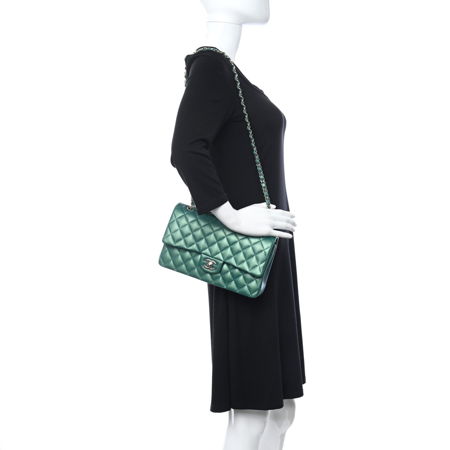 Iridescent Calfskin Quilted Medium Double Flap Green