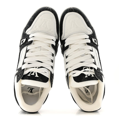 Louis Vuitton Calfskin Embossed Monogram Denim Mens LV Trainer Sneakers 8 Black 2 of 10
