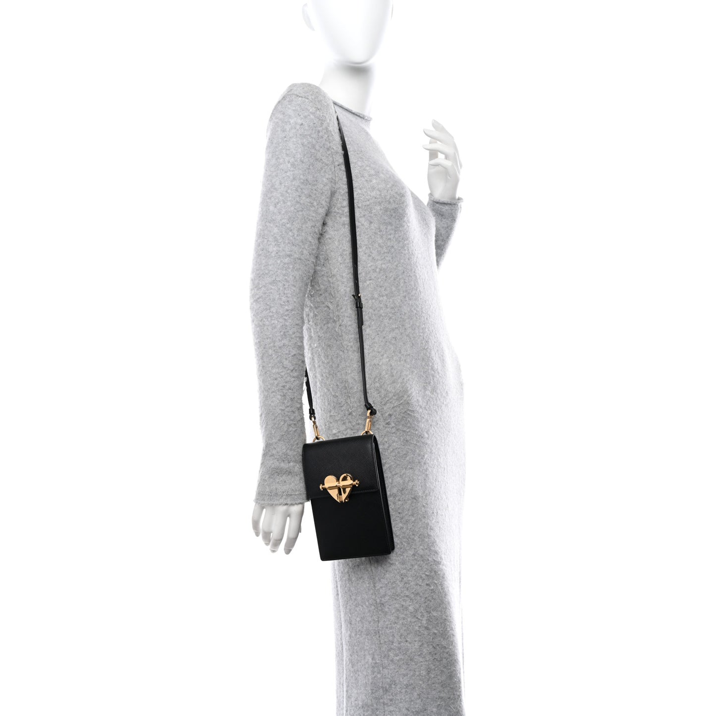 Saffiano Heart Lock Phone Crossbody Pouch Black