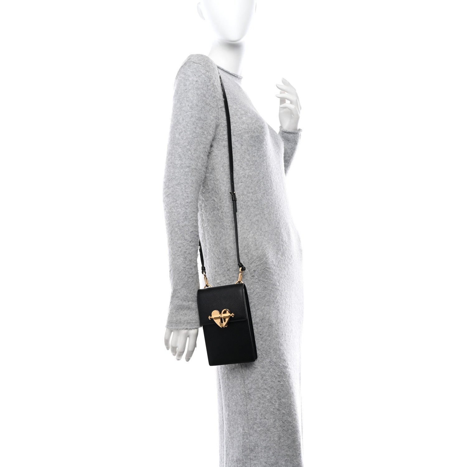 Prada Saffiano Heart Lock Phone Crossbody Pouch Black 2 of 11