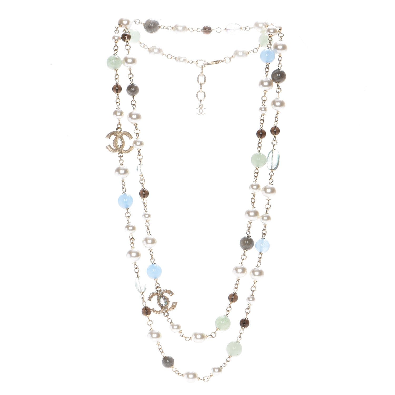 Chanel Pearl Beaded CC Long Necklace Gold Green Blue 3 of 4