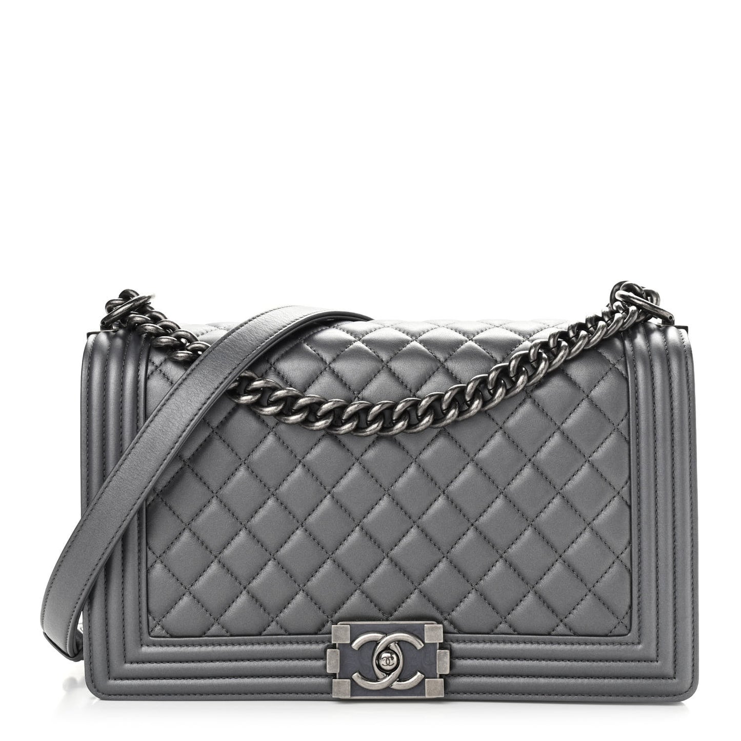 Metallic Lambskin Quilted New Medium Boy Flap Dark Silver