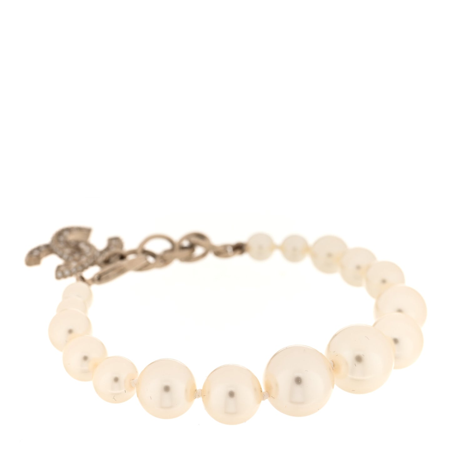 Crystal Graduated Pearl CC Bracelet Silver