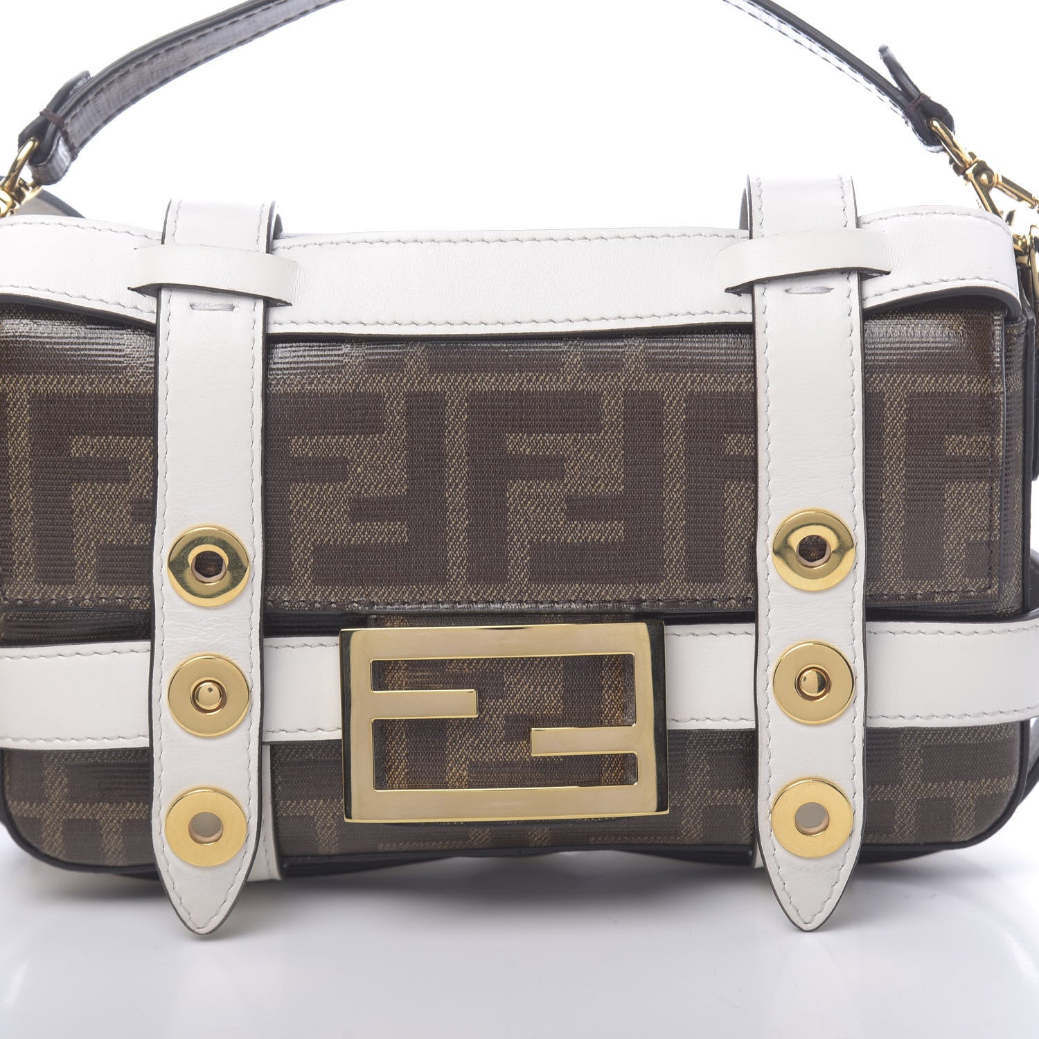 Fendi Glazed Fabric Vitello Century FF 1974 Mini Baguette Cage Mogano Panna White Ice 9 of 12