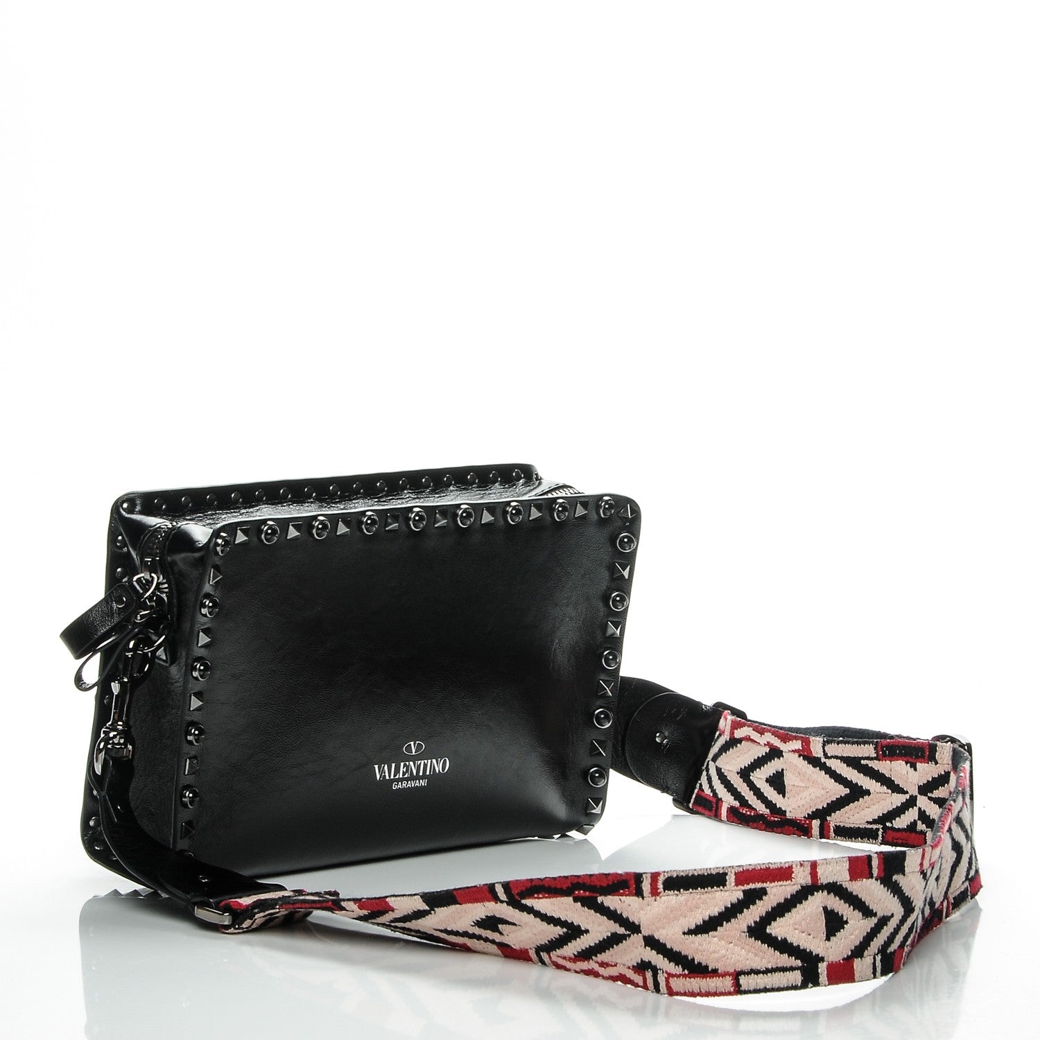 Valentino Garavani Craquele Calfskin Small Guitar Strap Rockstud Rolling Flap Pocket Shoulder Bag Black 4 of 7