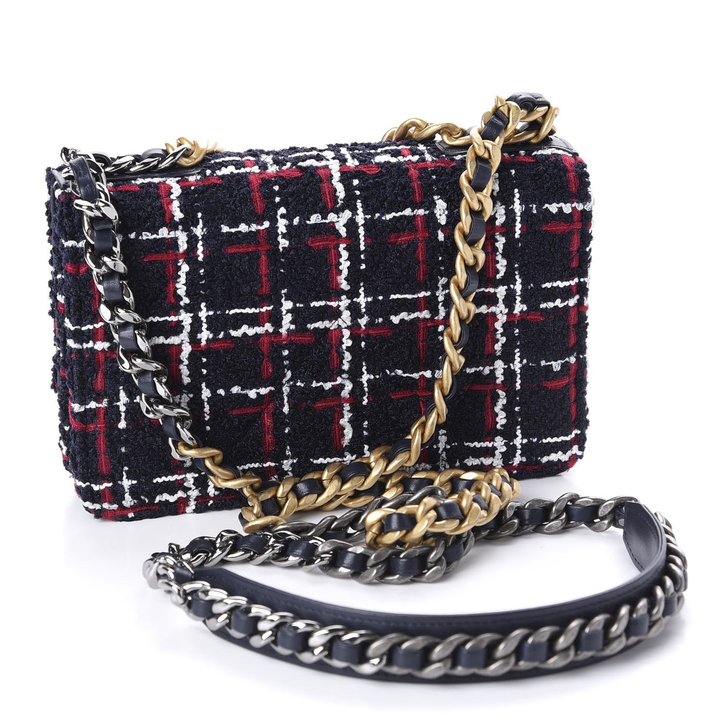 Wool Tweed Lambskin Quilted 19 Wallet On Chain WOC and Coin Purse Blue White Red