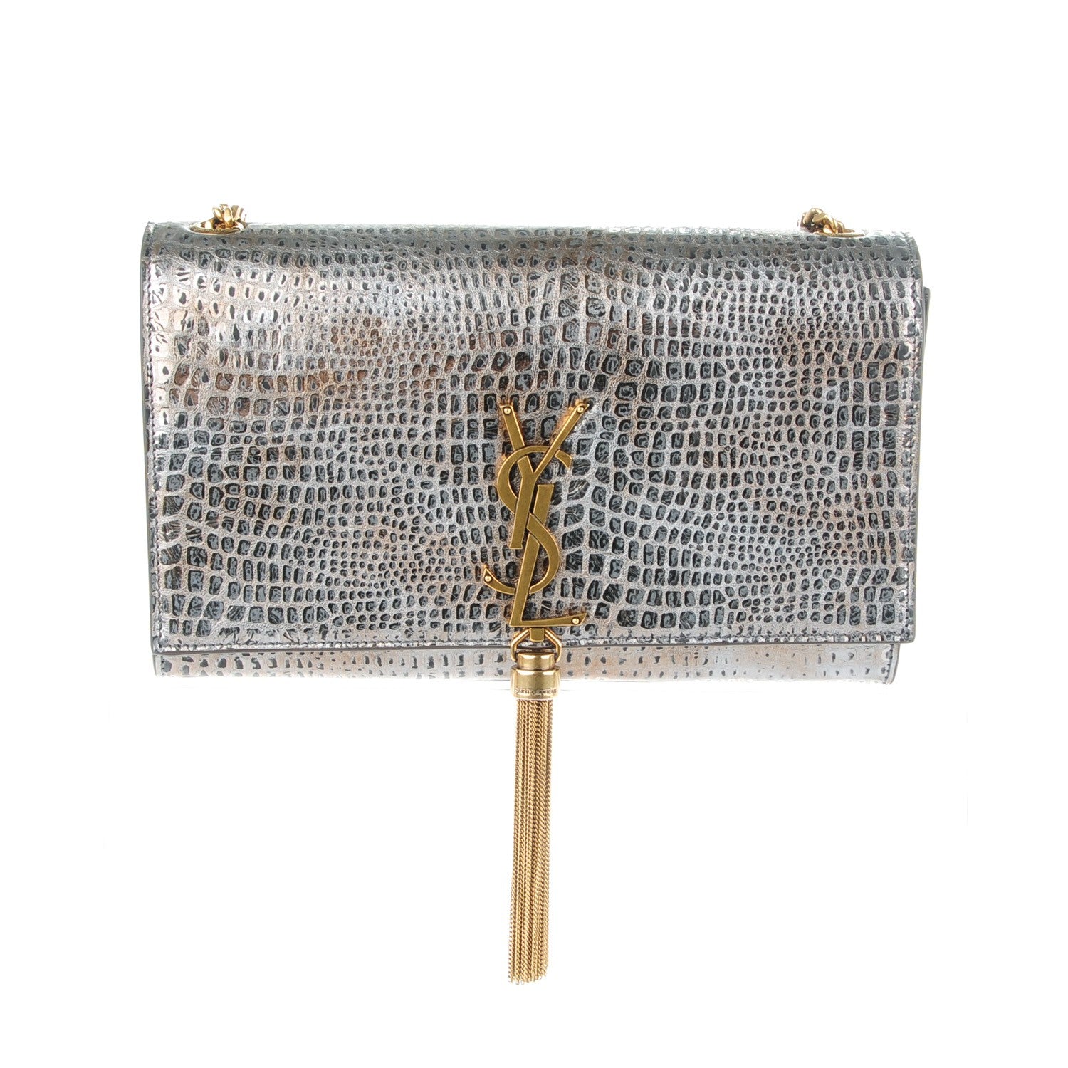 Saint Laurent Metallic Lizard Embossed Medium Classic Monogram Tassel Satchel Silver 1 of 6