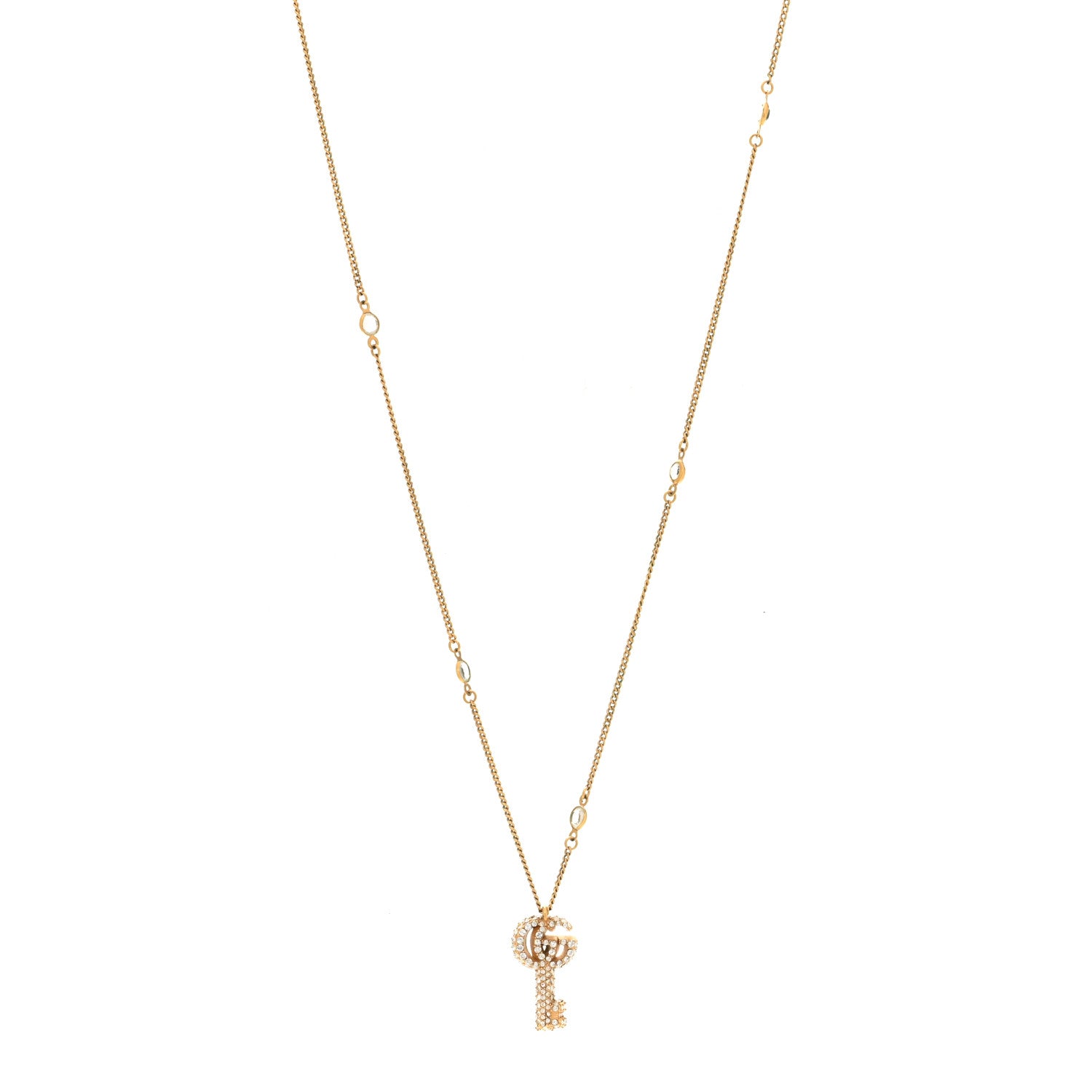 Gucci Metal Crystal Double G Key Pendant Necklace Gold 1 of 6