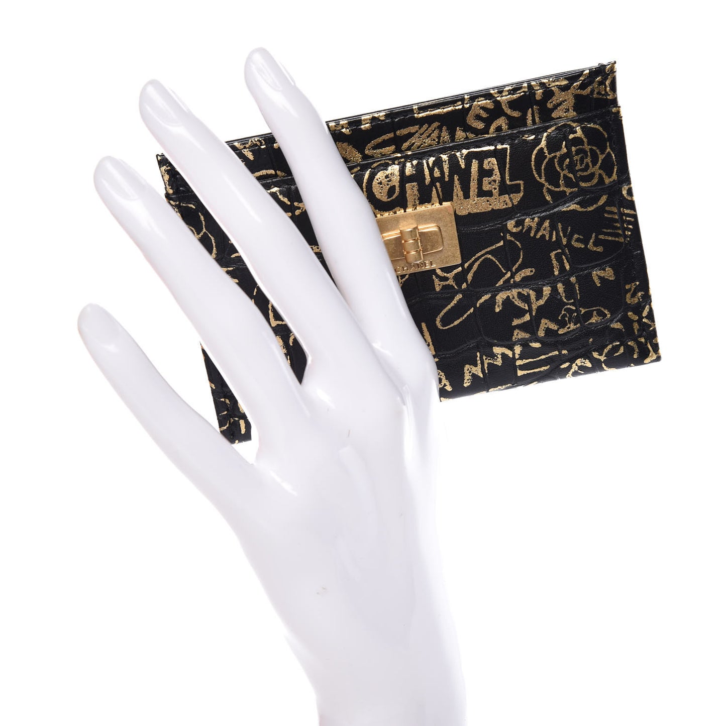 Calfskin Crocodile Embossed Graffiti 2.55 Cocodile Reissue Card Holder Black Gold