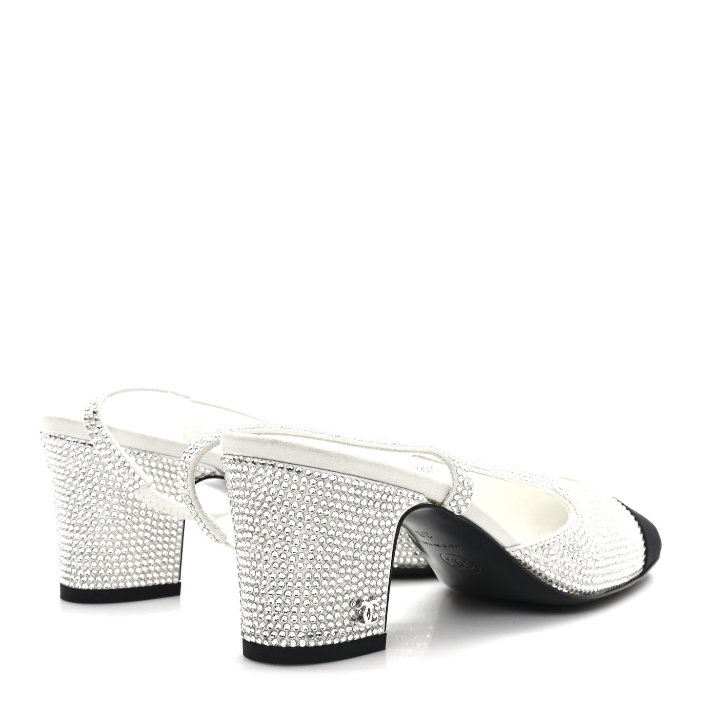 Strass Grosgrain Cap Toe CC Slingback Pumps 36 Silver Black