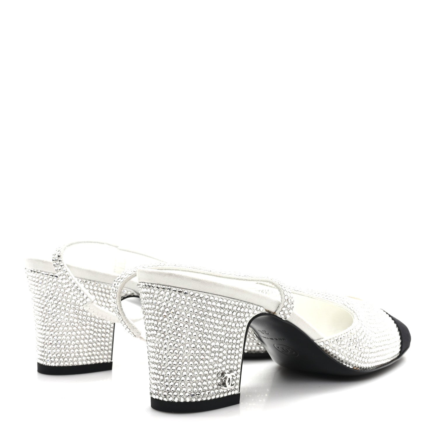 Chanel Strass Grosgrain Cap Toe CC Slingback Pumps 36 Silver Black 5 of 10