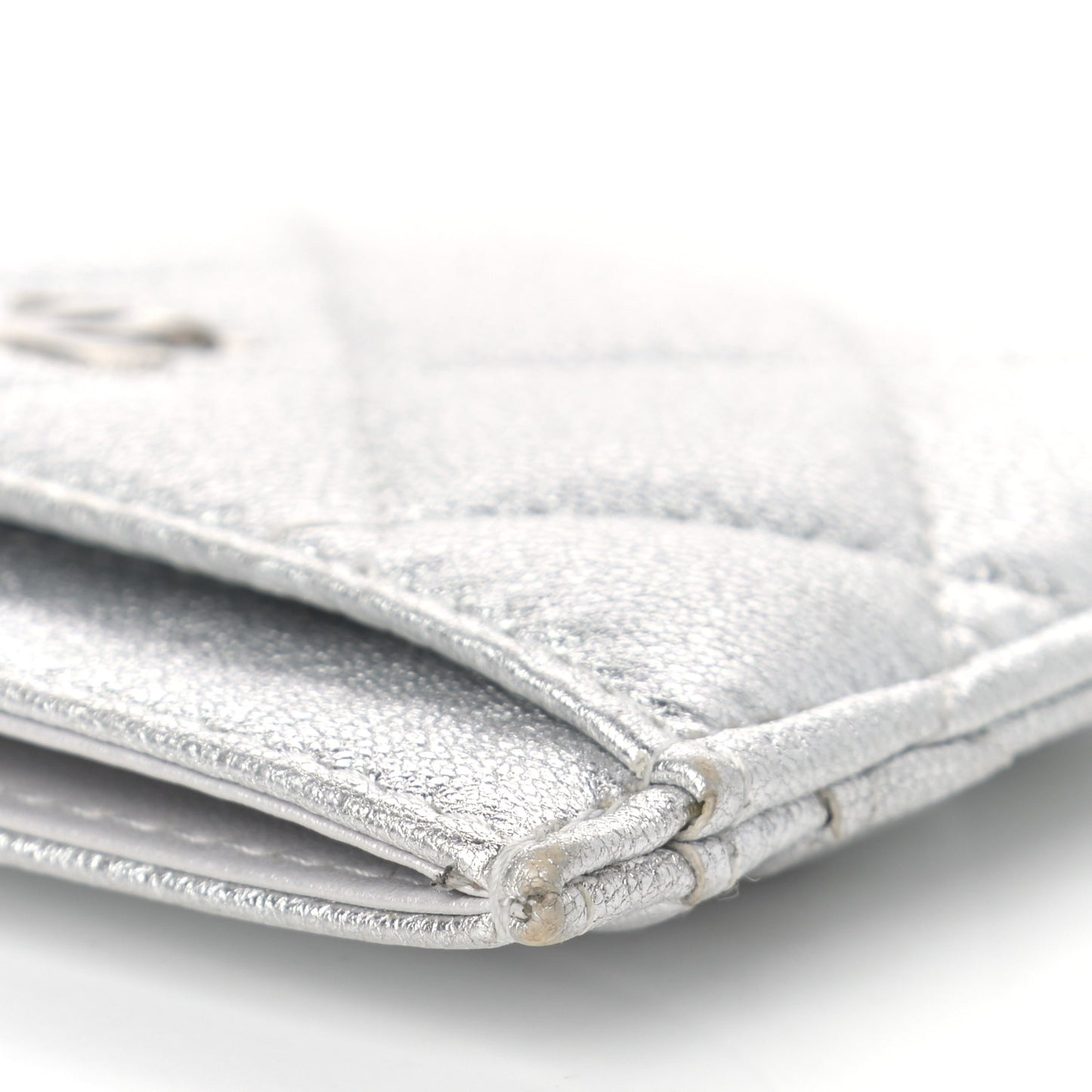 Metallic Lambskin Quilted Card Holder Silver