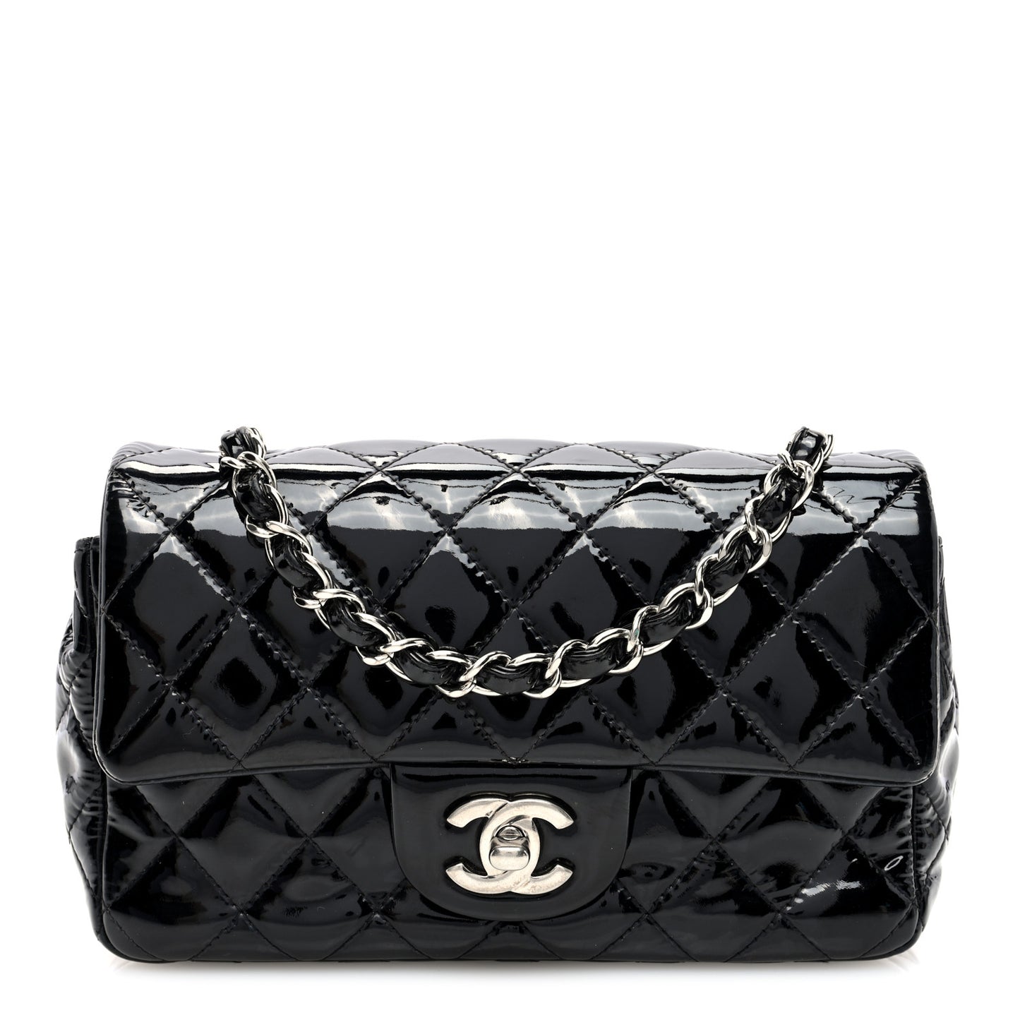 Patent Calfskin Quilted Mini Rectangular Flap Black