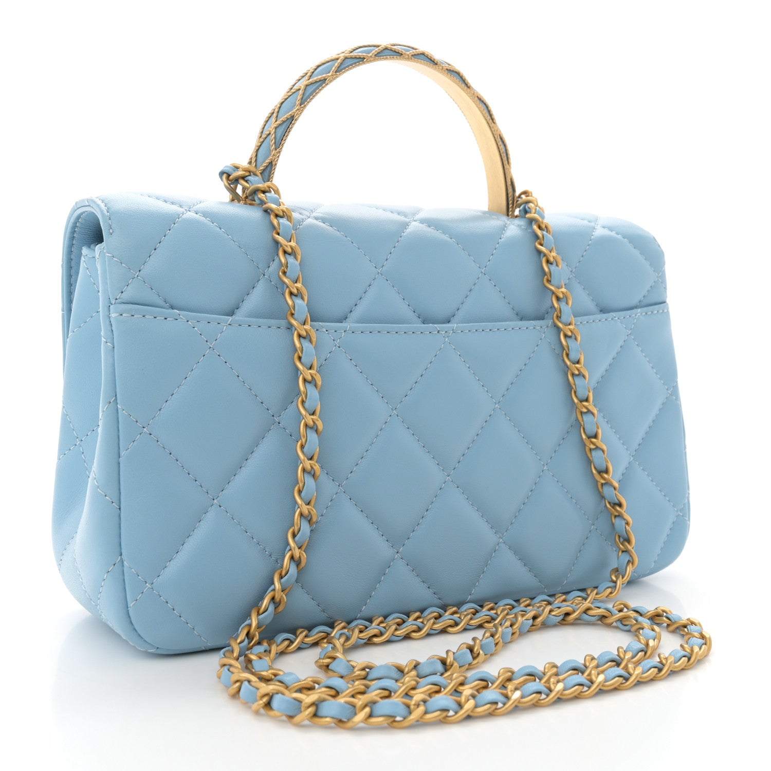 Chanel Lambskin Metal Quilted Twist Top Handle Flap With Chain Light Blue 3 of 11