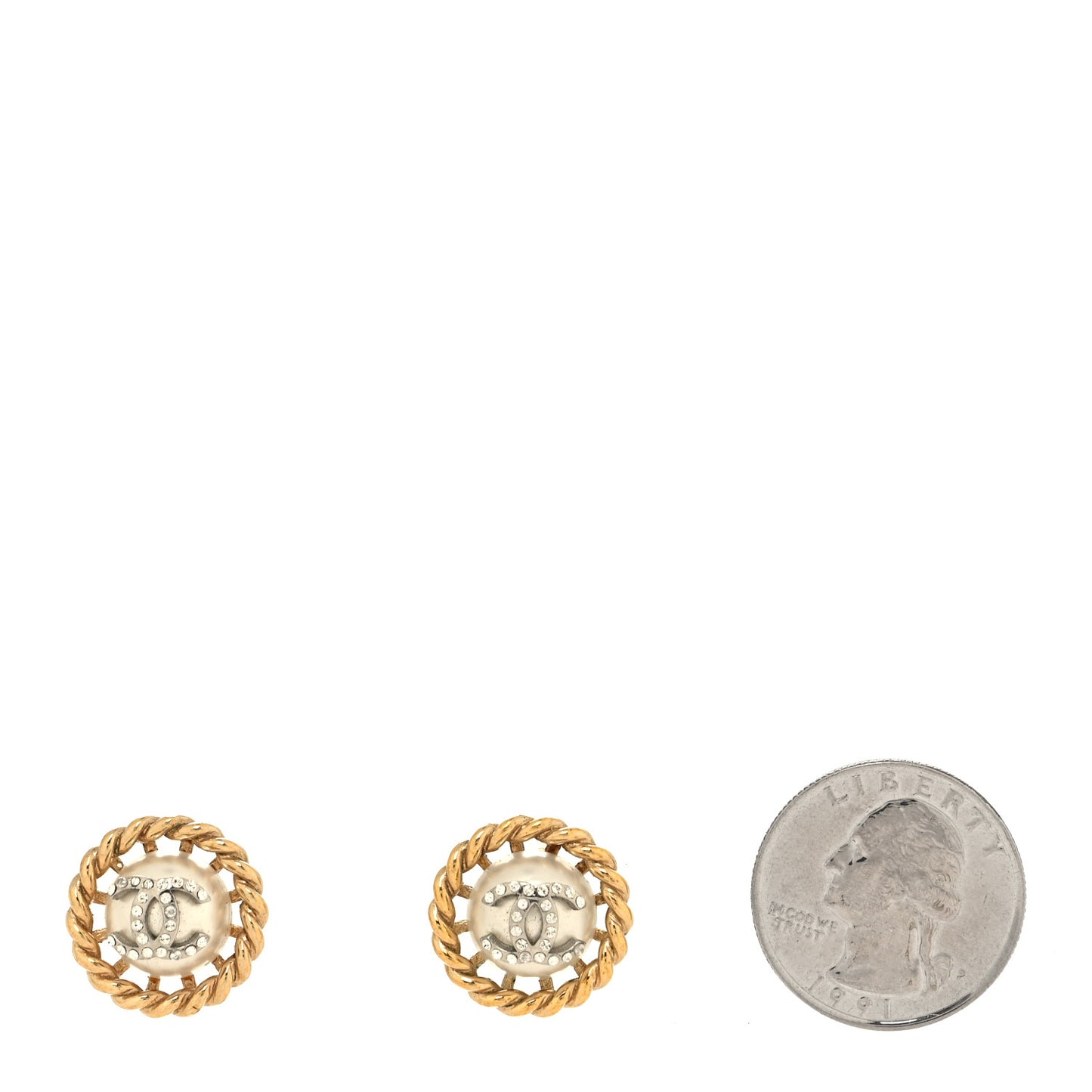 Pearl Crystal CC Round Earrings Gold