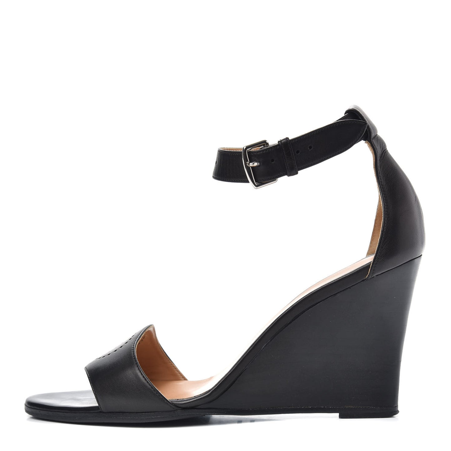Calfskin Perforated H Ankle Strap Wedge Sandals 39 Black
