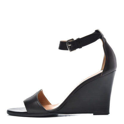 Hermes Calfskin Perforated H Ankle Strap Wedge Sandals 39 Black 1 of 7