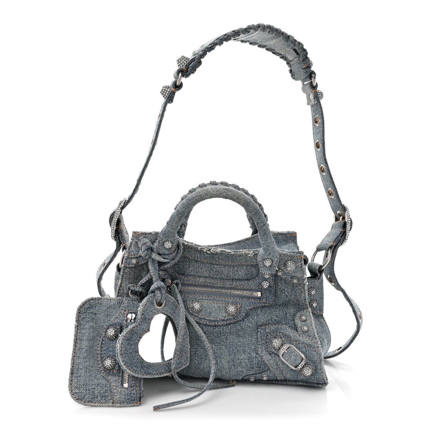 Washed Frayed Denim Crystal Neo Cagole Handbag XS Blue