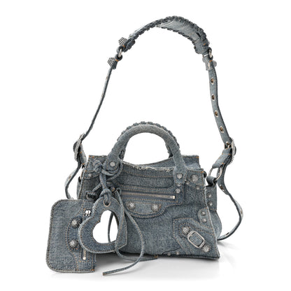 Balenciaga Washed Frayed Denim Crystal Neo Cagole Handbag XS Blue 3 of 11