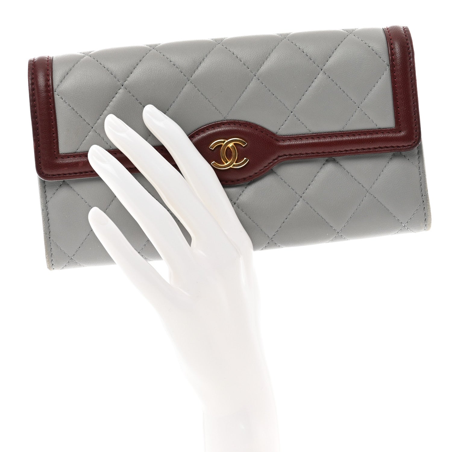 Chanel Lambskin Quilted Large Two Tone Day Gusset Flap Wallet Grey Burgundy 2 of 10