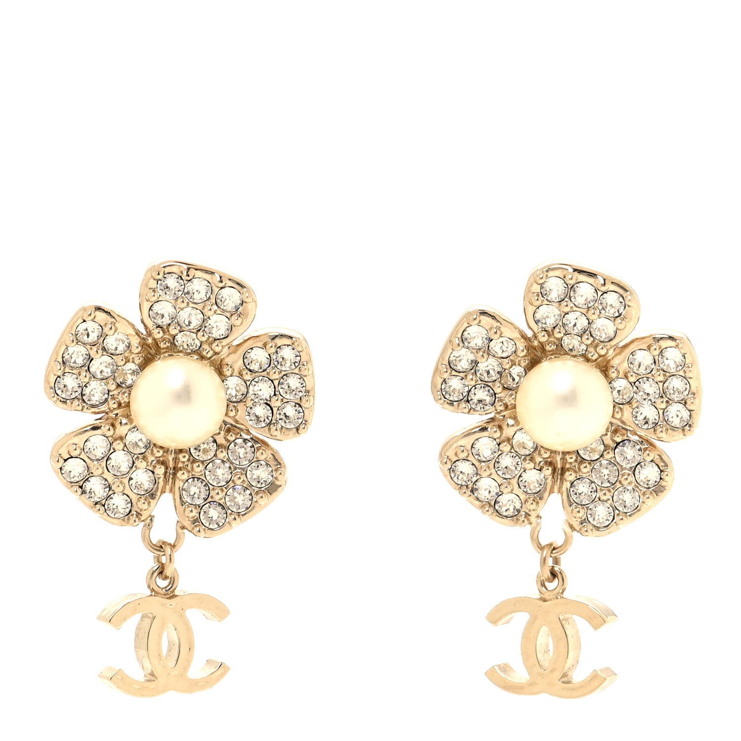 Chanel Metal Pearl Crystal CC Flower Drop Earrings Gold White 1 of 5