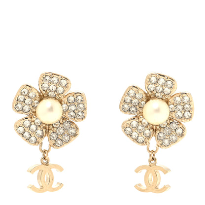 Chanel Metal Pearl Crystal CC Flower Drop Earrings Gold White 1 of 5