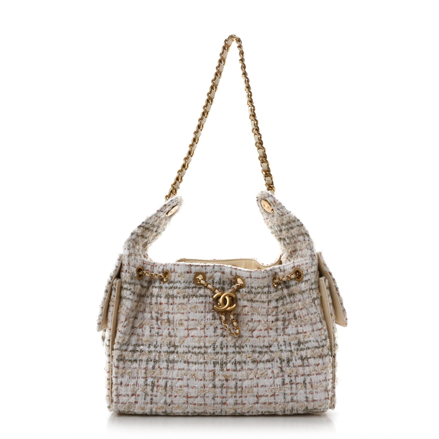 Chanel Tweed Quilted Small Chanel 25 Handbag Ecru Khaki Gold Red 1 of 11