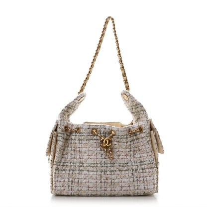 Chanel Tweed Quilted Small Chanel 25 Handbag Ecru Khaki Gold Red 1 of 11