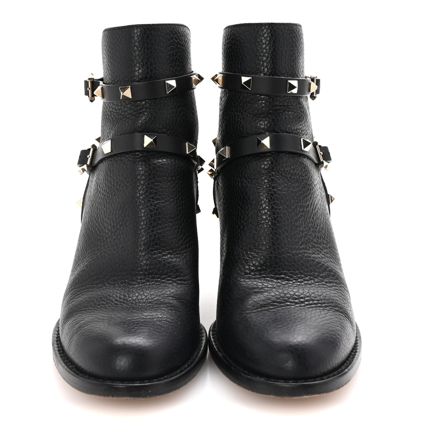 Pebbled Calfskin Rockstud Double Buckle 70mm Block Heel Ankle Boots 39.5 Black