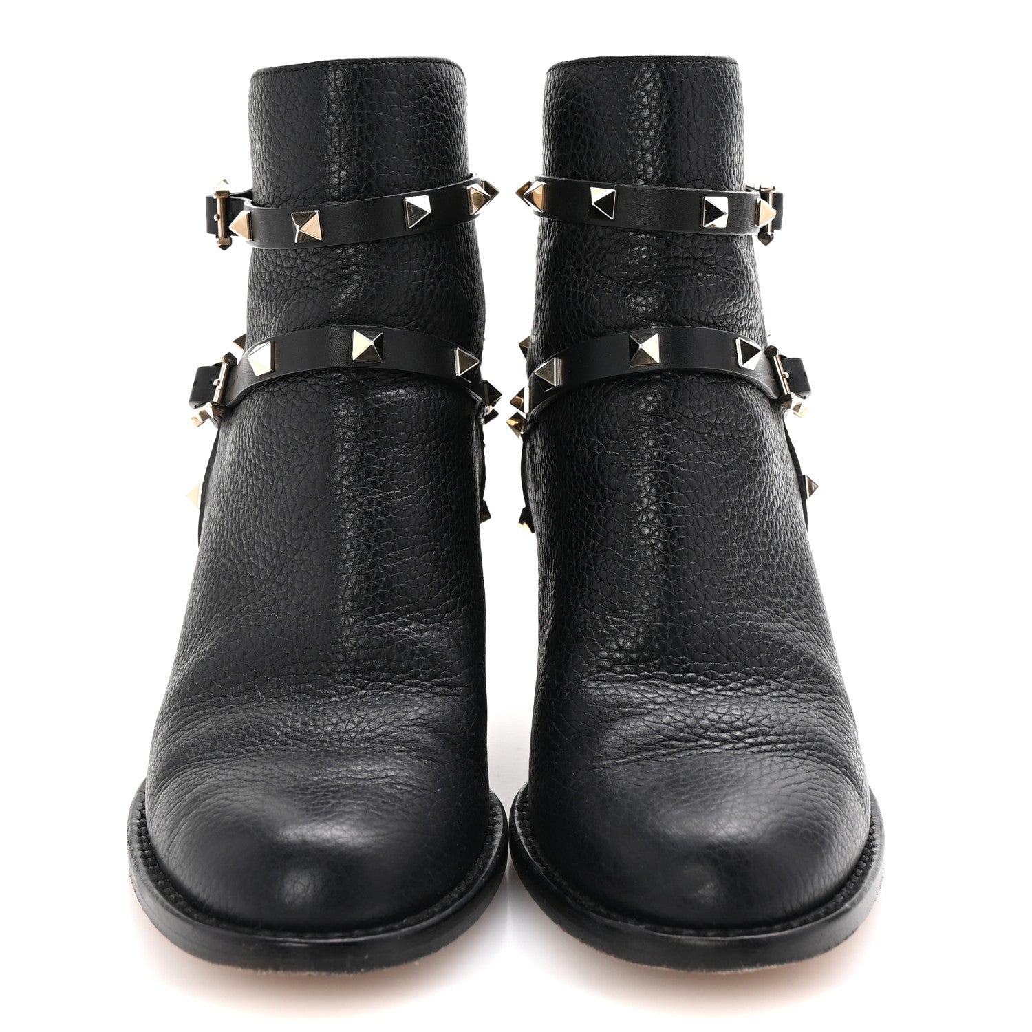 Valentino Garavani Pebbled Calfskin Rockstud Double Buckle 70mm Block Heel Ankle Boots 39.5 Black 3 of 9