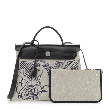 Hermes Vache Hunter Toile H Pegase Pop Herbag Zip Retourne 31 PM Bleu Indigo Ecru Black 1 of 12