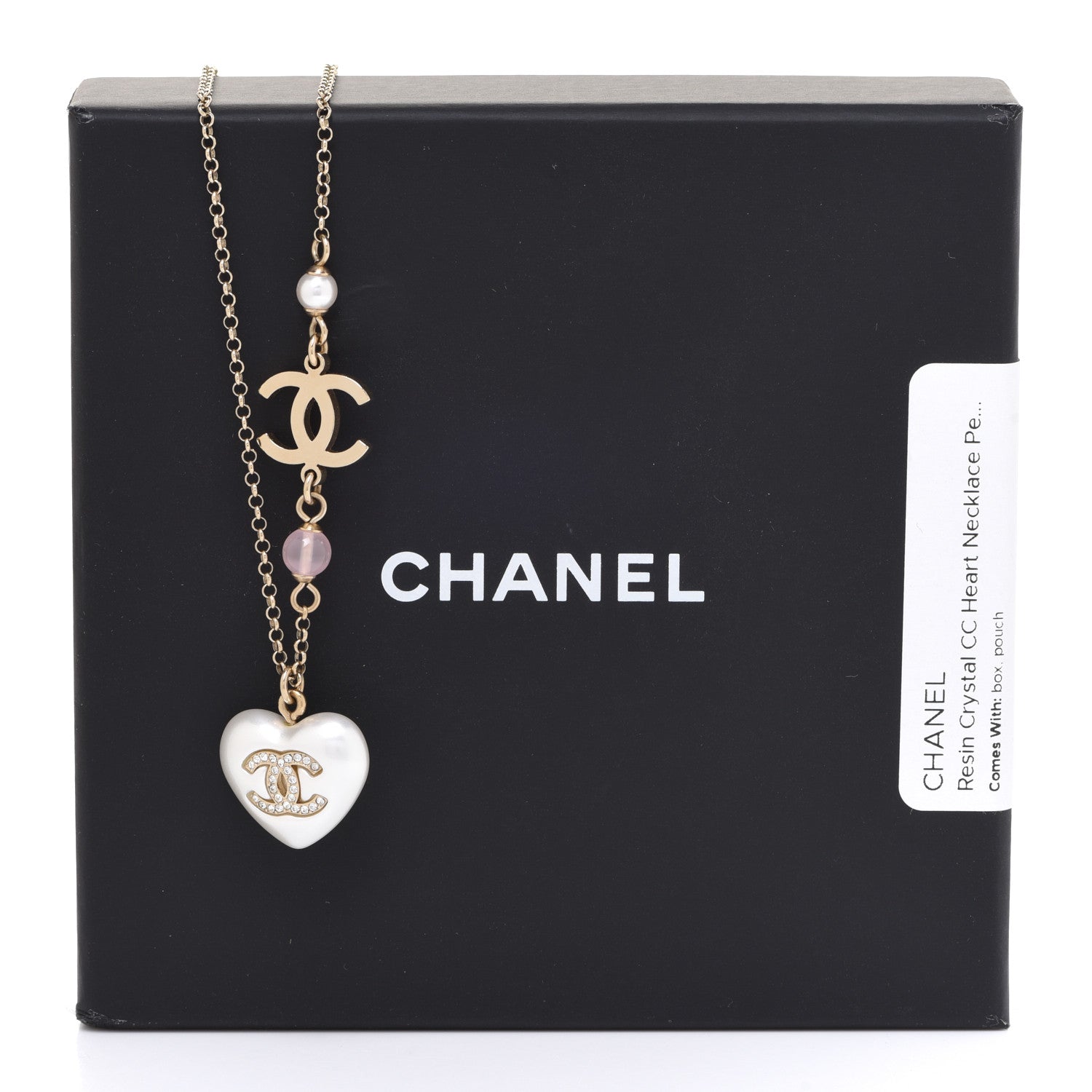 Chanel Resin Crystal CC Heart Necklace Pearly White Gold 6 of 6