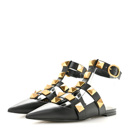 Valentino Garavani Calfskin Roman Stud Ankle Strap Flat Mules 37.5 Black 4 of 9