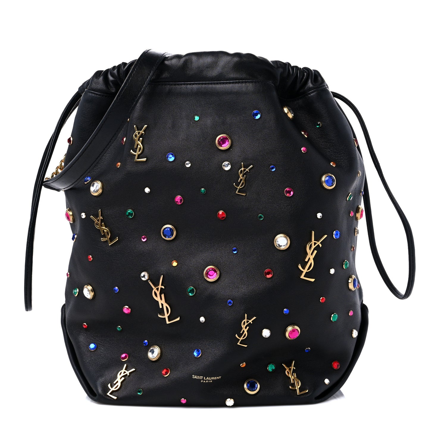 Lambskin Charm Studded Teddy Drawstring Bag Black