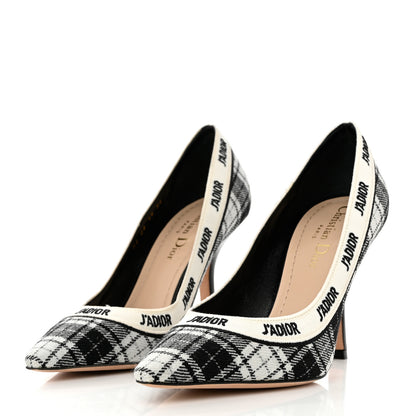 Christian Dior Canvas Ribbon Tartan Print Embroidered J'Adior 100mm Pumps 36 Black Off White 3 of 9