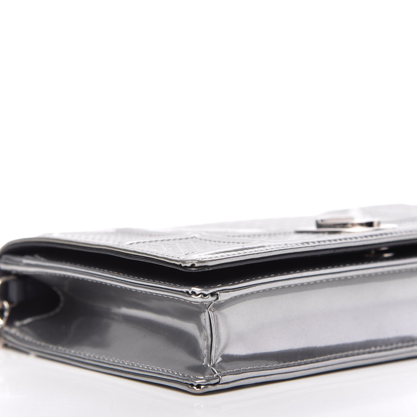 Metallic Patent Micro-Cannage Diorama Wallet on Chain Pouch Silver