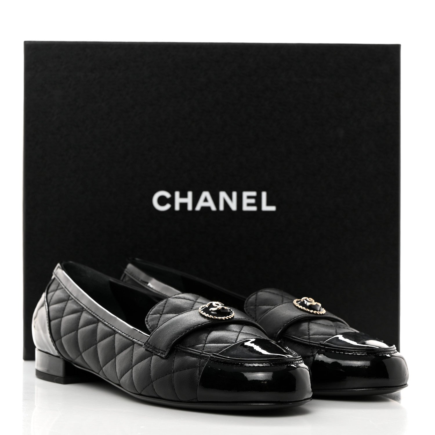 Chanel Lambskin Quilted Patent Calfskin Cap Toe CC Loafers 40 Black 9 of 9