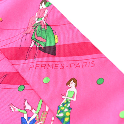 Hermes Silk Ex-Libris Les Parisiennes Fringed Twilly Bubblegum Argent Creme 5 of 6