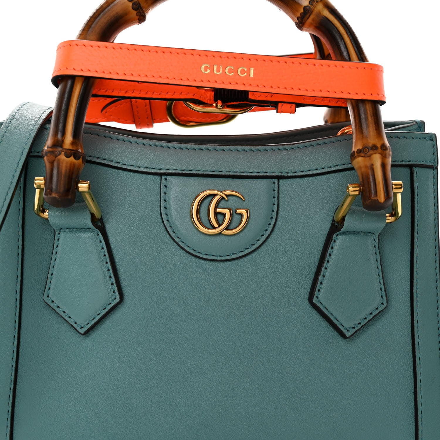 Gucci Wonka Grain Calfskin Mini Diana Tote Bag Dusty Azure Orange Fluo 8 of 10